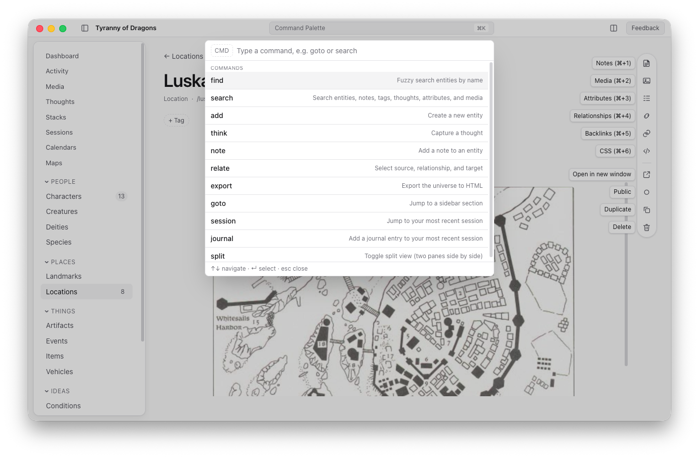 The RPGUni command palette open over a city map, listing typed commands like find, search, add, think, relate, export, and goto with keyboard hints.