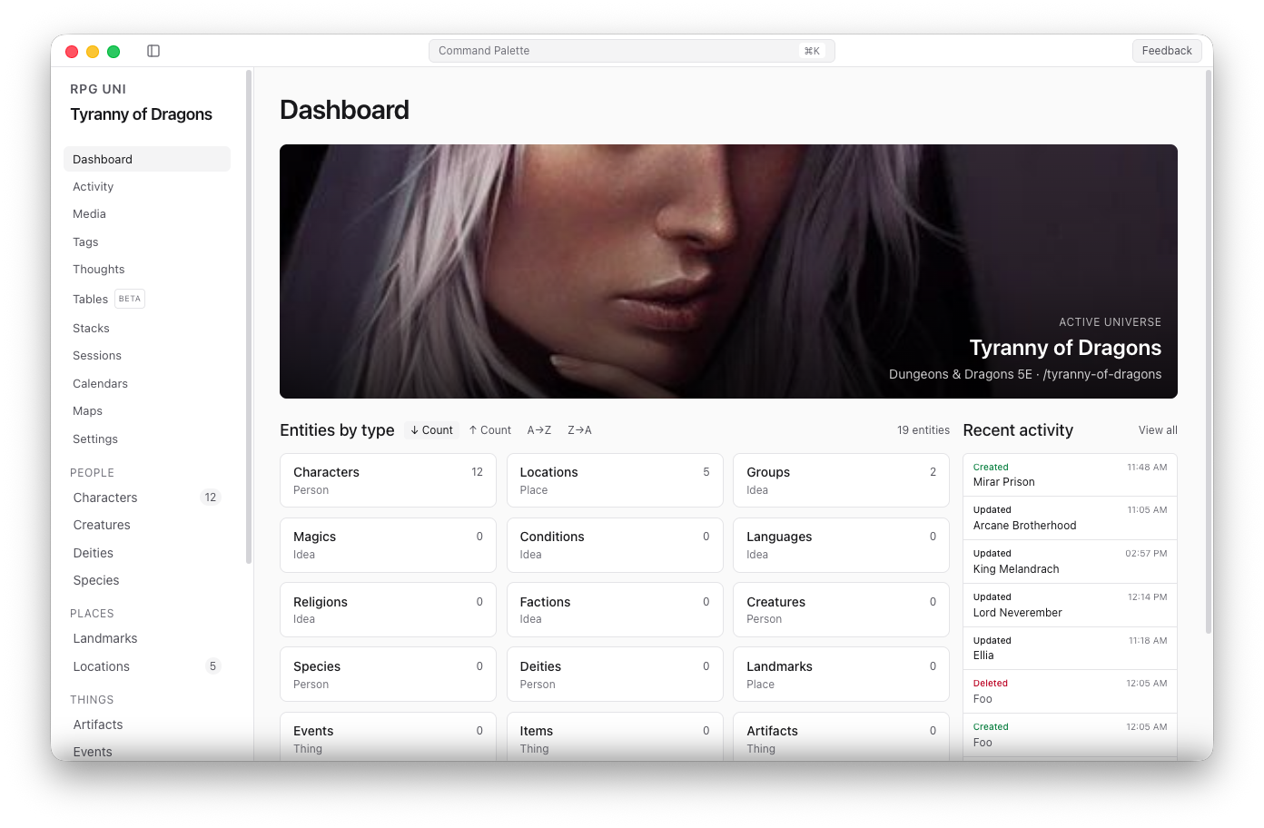 The RPGUni desktop app showing the dashboard for the Tyranny of Dragons universe, with entities listed by type and a recent activity feed.