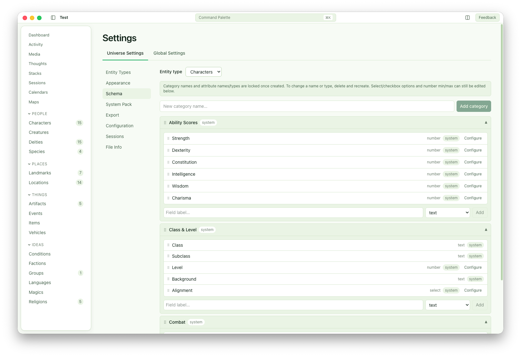 The RPGUni Schema editor for the Characters entity type, with categories of typed fields you can add, reorder, and configure.