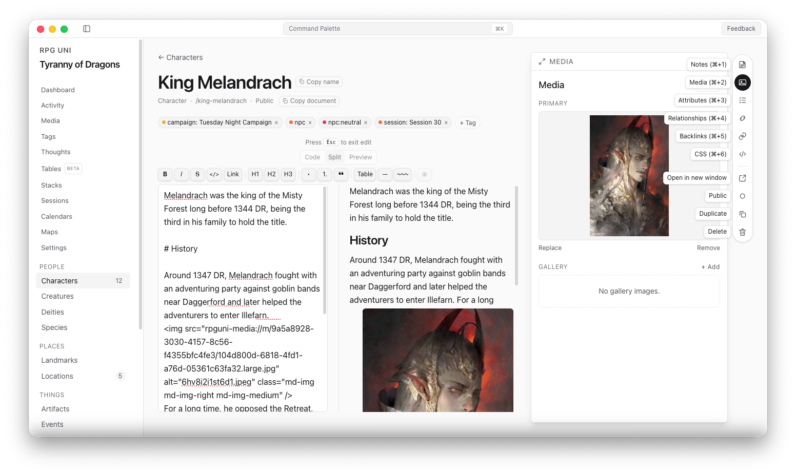 The RPGUni entity editor showing the character King Melandrach, with a markdown editor, live preview, tags, and a media panel.