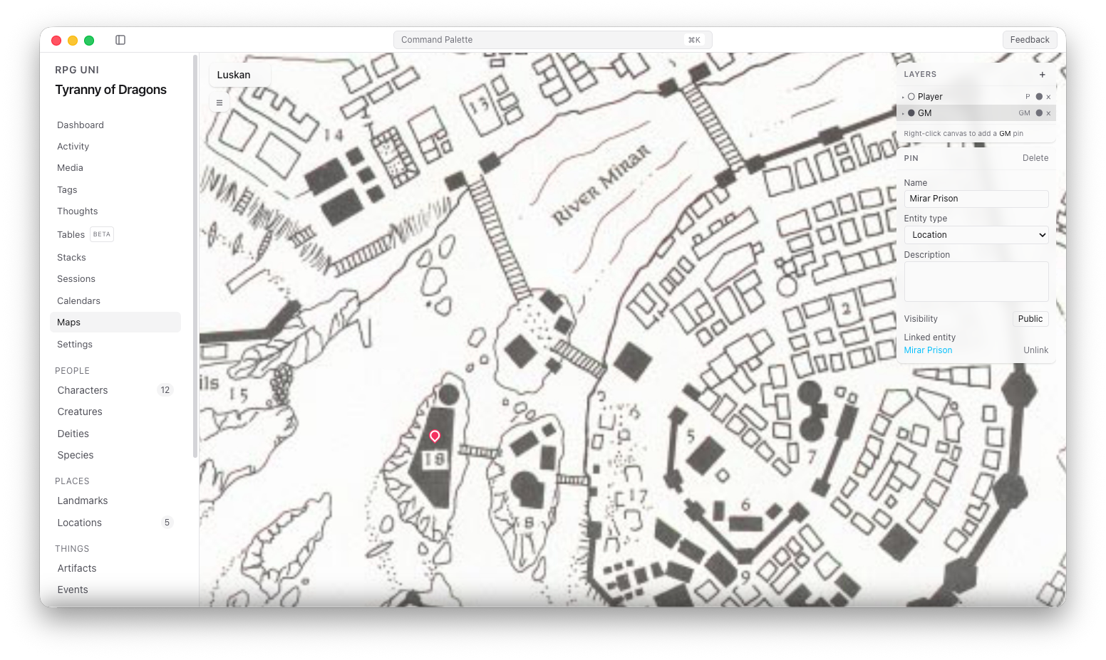 The RPGUni map view showing a hand-drawn city map of Luskan with a location pin, a layers panel, and a pin editor linked to the Mirar Prison location.