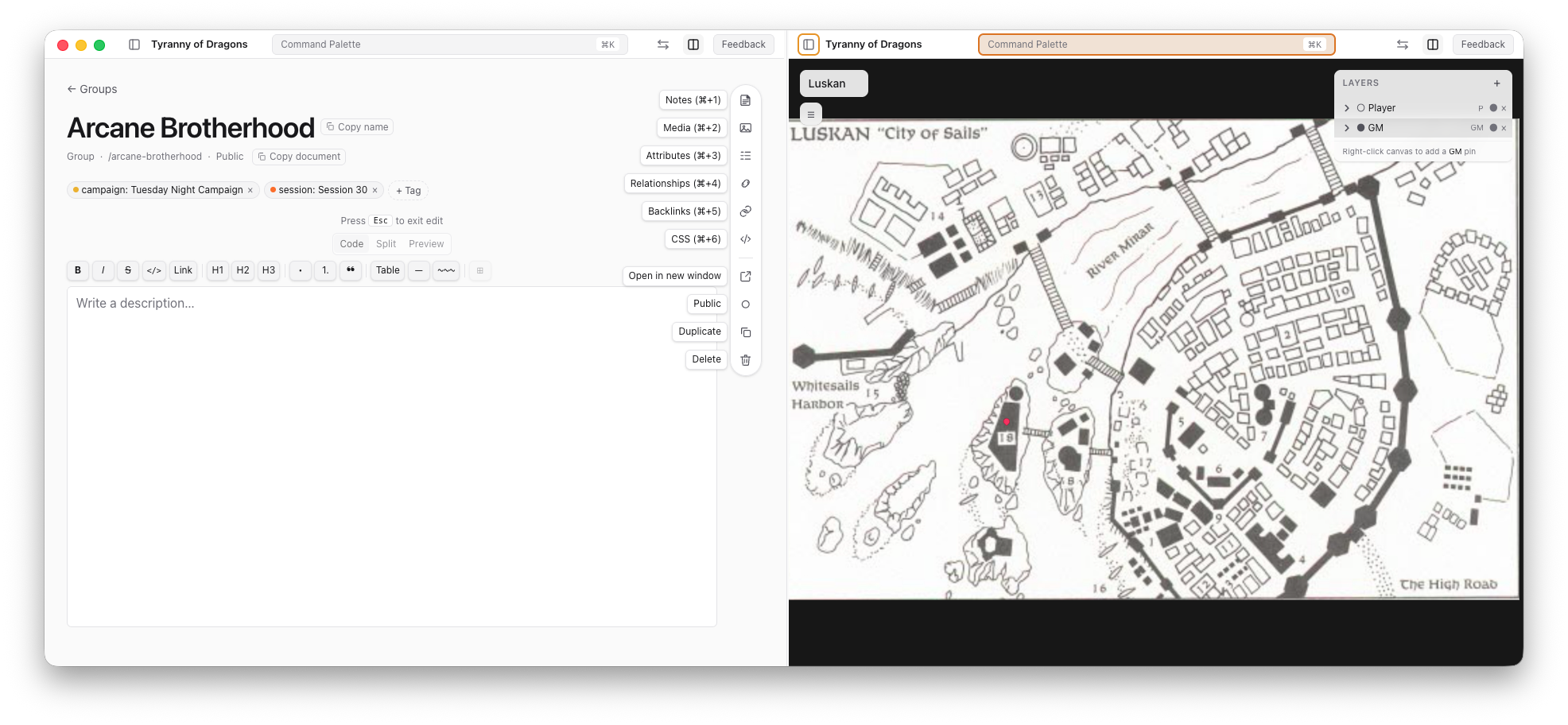 The RPGUni window in split view, with an entity editor for the Arcane Brotherhood on the left and the Luskan city map with GM and player layers on the right.