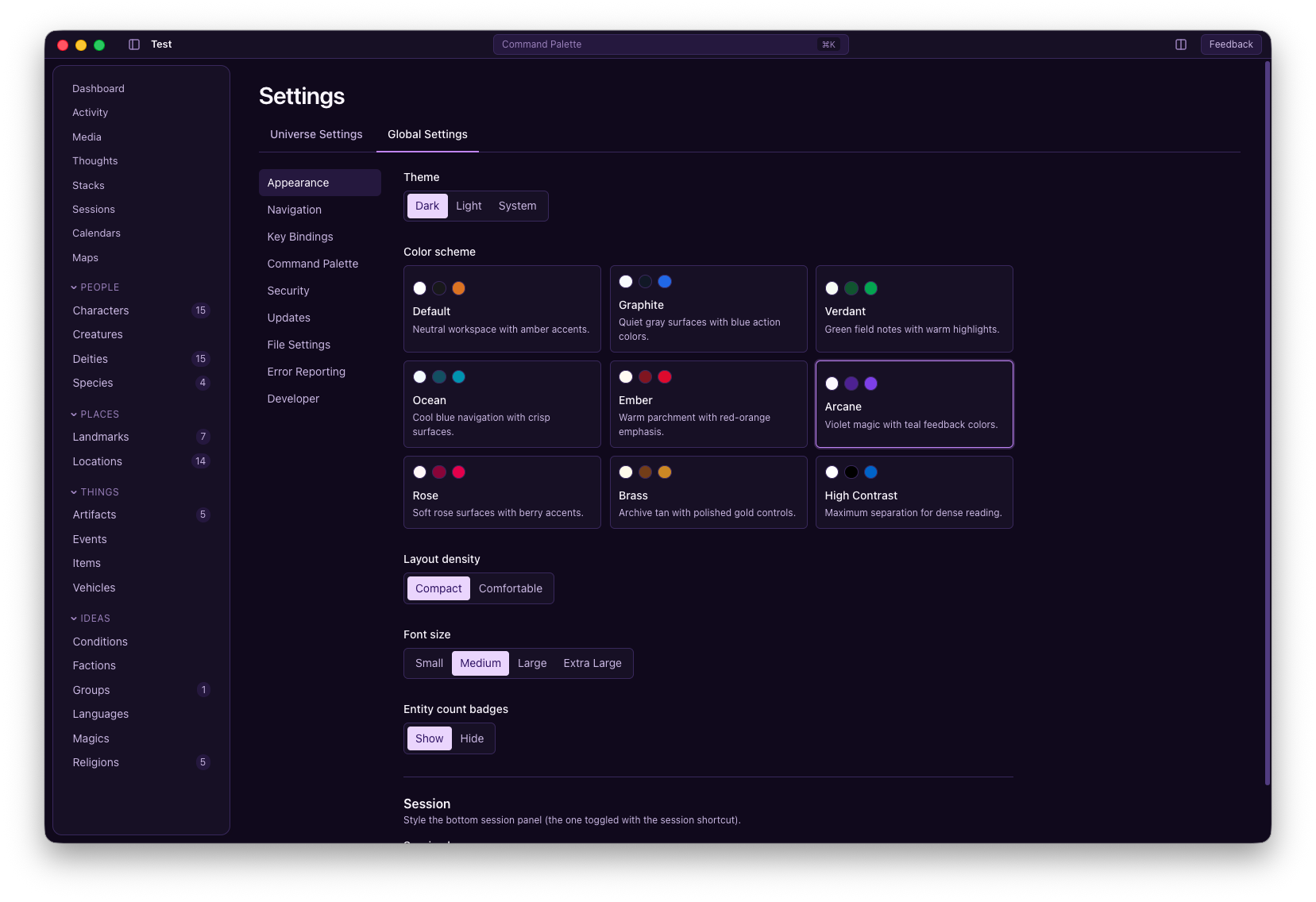 The RPGUni Appearance settings showing a Dark theme selected, a grid of color schemes, and controls for layout density and font size.